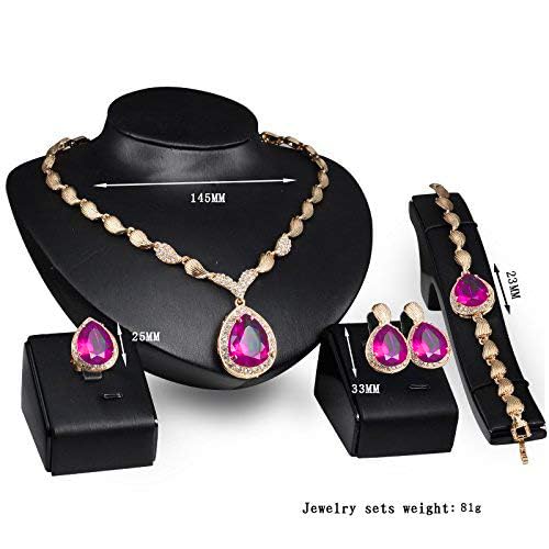 Womens Luxury Africa Dubai 18k Gold Plated Jewelry Sets Wedding Rhinestone Crystal Bib Statement Necklace Earrings Set for Brides Party Prom - color: Hot pink