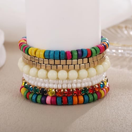 LUREME Boho Multi Strand Stackable Stretch Bracelet Set Wooden Cube Alloy Bead Bangle bl003172 - color: Multi Color