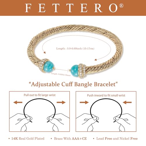 Fettero Gold Cuff Bangle Bracelets for Women - Adjustable Open Cuff Bangles 14K Gold Plated Charm Twisted Cable Bangle Bracelet for Mom Dainty Jewelry Gift - color: Teal
