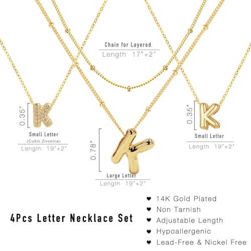 stino 4PCs Bubble Initial Letter Necklace Set, No Tarnish 14K Gold Plated Alphabet Pendant, Jewelry for Women - style: K
