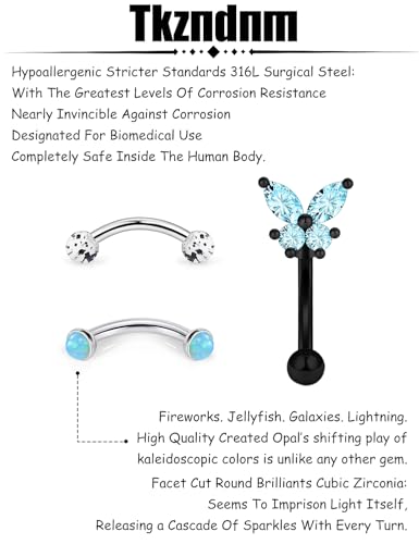 16g 8mm Silver/Black/Rainbow Eyebrow Piercing Jewelry Rings Curved Barbell Vertical Labret Lip Surgical Steel Small Belly Button Snake Eyes Tongue Rook Earrings for Women Men - color: Black / Blue