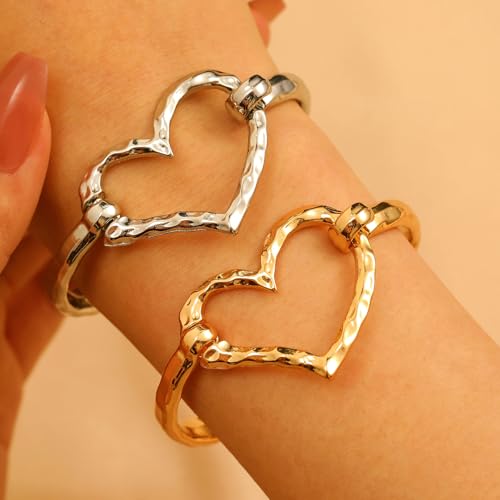 Chunky Heart Bracelet for Women Gold Silver Heart Cuff Bracelet Open Statement Love Bangle Minimalist Jewelry - color: Silver Heart