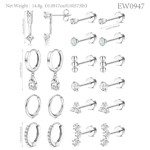 Stainless Steel Stud Earrings Set for Women Hypoallergenic Flat Back Cartilage Earrings Screw Back Huggie Hoop Earrings Multiple Piercing Cubic Zirconia Helix Tragus Jewelry - color: Set-F-Silver