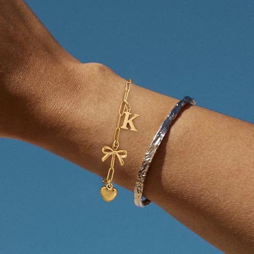 14K Gold Plated Bracelet for Women Simple Jewelry Initial A-Z Bracelet Dainty Chain Gifts for Women Birthday Unique Dainty Letter Charm Bracelet with Bow Anniversaries Gifts for Mother Her Jewelry Gift - style: N