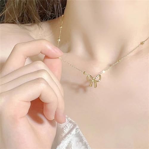 Gold Bow Bracelets Dainty Gold Plated Chain Bracelets Necklaces Set Ribbon Choker Bracelets Necklaces Trendy Jewelry Gifts for Women - color: Bow Necklace