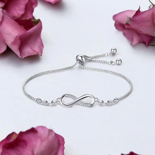 Nilu's Collection Infinity Shape Cubic Zirconia Diamond Bracelet for Women, Jewelry for Gift, Adjustable Charm Bracelet (Rose Gold Necklace + Bracelet) - color: Silver
