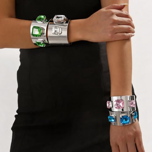 Punk Square Crystal Open Bracelet for Women Fashion Wide Cuff Bangle Bracelets Shiny Rhinestone Rectangle Charm Bangle Geometric Statement Jewelry Gifts - color: Blue