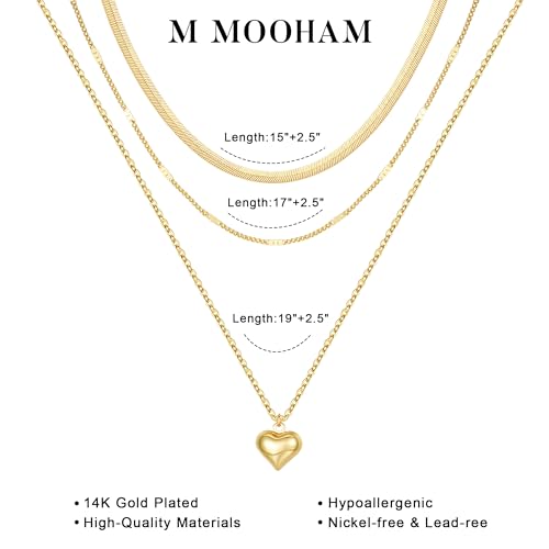 M MOOHAM Layered Gold Necklaces Stack for Women No Tarnish | 14K Gold Plated, Stackable Pendant Necklace Set, Snake Rope Cuban Paperclip Chain, CZ Coin Pendant, Dainty Jewelry Gifts - color: 3 Layered Snake Thin Dot Puffy Heart Pendant-Gold