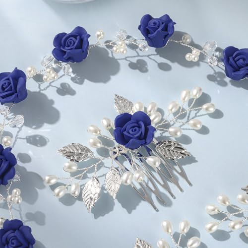 Wedding Hair Accessories Hair pieces Set Crystal bridal hair pins Rhinestone Pearl hair comb Brides and Bridesmaids, Girls, Women((4PCS/SET BLUE) - color: blue