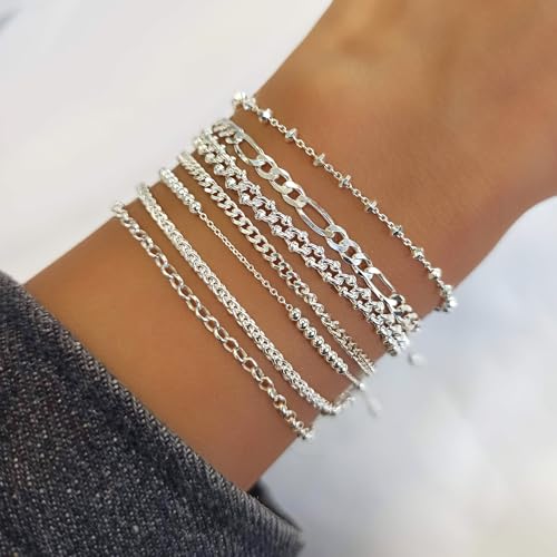 Sterling Silver Chain Bracelets for Women - Dainty 925 Silver Adjustable Bracelets, Minimalist Layering Jewelry, Stackable Chain Styles - style: T