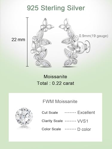 Moissanite 20mm Butterlfy/Flower/Leaf/Bezel Crawler Stud Earrings for Women, 925 Sterling Silver with Gold Plated, Hypoallergenic Cartilage Earrings, Valentines Birthday Anniversary Wedding Gift - color: Butterfly - White Gold