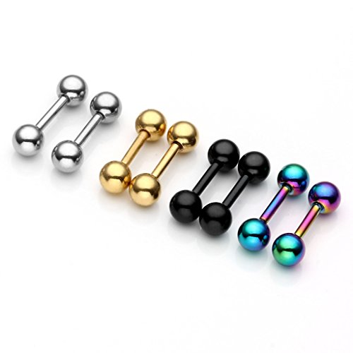 Zysta 4 Pairs Stainless Steel 14/16G Mixed Colors Body Piercing Barbells 6-16mm Post Studs Earring NippleTongue Helix Tragus Cartilage Labret Medusa Lip Eyebrow Straight Bar Ball Screw … - color: 4mm Ball,6mm Post