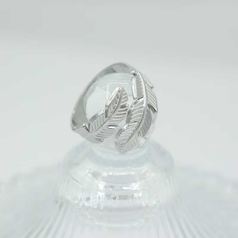 Adjustable Stainless Steel Feather Leaf Ring for Women Men - color: Silver