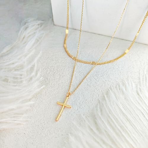 Airmb Cross Necklace for Women Gold/Silver Plated Layered Dainty Cross Chain Trendy Choker Satellite Charm Small Crucifix Pendant Gold/Silver Necklace Stackable Hypoallergenic Delicate Gift for Women - color: Gold-2PS Dot Chain