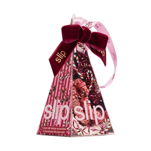 slip Skinny Scrunchies in Candy Cane Ornament Packaging: Anti-Crease, Anti-Breakage Slipsilk™ Design Protects Delicate Hair | Includes 4 Pure Silk Scrunchies - color: Candy Cane