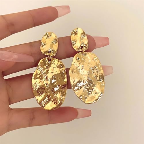 Large Geometric Drop Dangle Earrings for Women Pearl Teardrop Disc Rectangle Oval Fishtail Shell Shaped Textured Dangle Studs Earrings for Women - color: Gold-Oval
