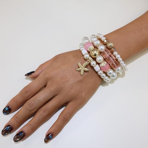 Bohemian Pearl Bracelet Set, 4 Piece Elastic Stretch Beaded Wrist Chain with Starfish Pendant, Boho Faux Pearl Multi-Color Stackable Bracelets for Women - color: Pink