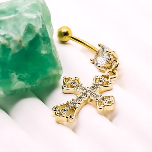 VERAMI 14G 316L Celtic Cross Belly Button Ring Surgical Steel Paved Gems Dangling Belly Button Ring Body Piercing Jewelry - color: Gold:C-5