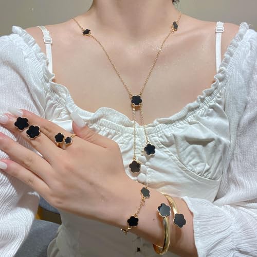 Fashionable Five Leaf Clover Jewelry 18K Gold Plated Bracelet Necklace Ring Studs Earrings Set for Women for Women - color: Black