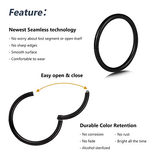 4Pcs 16G 18G 20G Surgical-Steel-Piercing-Ring-Nose-Rings-Hinged-Hoop-Earrings,6mm 8mm 10mm 12mm Seamless Stainless Steel Clicker Eyebrow Septum Piercing Hoop,Sliver Black Gold Rose Gold Rainbow Body Jewelry Set - color: 18G Black