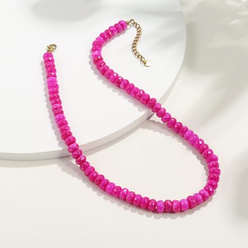 Gemstone Beaded Necklace for Women Colorful Natural Stone Freshwater Pearl Surfer Beach Rainbow Necklace Jewelry Gift - color: Rose Red