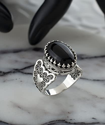 Filigranist 925 Sterling Silver Handcrafted Filigre Art Double Heart Detailed Women Cocktail Ring with Gemstones - color: Black Onyx