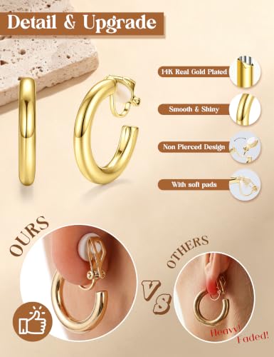 Giovanchi 3Pairs Clip on Earrings for Women with Non-Pierced Ears - Trendy Hypoallergenic 14K Gold Plated Chunky Tube Croissant Waterdrop Clip on Hoop Earrings - style: C-Gold