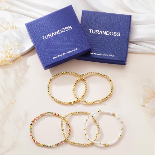 Turandoss 5PCS 14K Gold Plated Beaded Stretch Bracelets Set for Women | Stacked Bow Cross Wave Knot Pearl Beads Bracelet Set, Waterproof 7 Inch Stretch Elastic, Summer Jewelry Gifts for Women Girls - color: 5PCS Gold Cross Beaded Bracelets