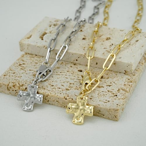 Chunky Cross Necklace for Women Trendy 14K Gold Silver Plated Statement Big Cross Pendant Paperclip Chain Charm Necklaces Religious Faith Easter Basket Stuffers Baptism Costume Jewelry Gift - color: White Gold-Lobster Clasp-1 inch pendant