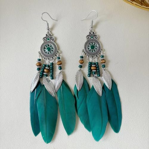Boho Western Earrings for Women Western Feather Earrings Vintage Concho Turquoise Teardrop Dangle Earrings Country Concert Jewelry Accessories - style: Green feather
