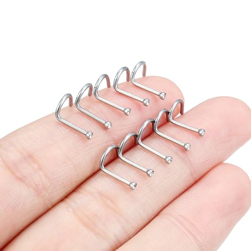 Hoeudjo Nose Studs Surgical Steel Cubic Zirconia Nose Rings Kit for Women Men Tiny Nose Stud Bone & Screw & L Shaped Nostril Piercing Jewelry 18/20/22/24 Gauge 10 Pieces - color: silver-tone,screw nose studs, size: 20g/1.5mm clear CZ
