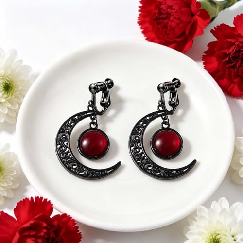 Gothic Moon Clip On Earrings for Women Black Filigree Dangle Moon Earrings Halloween Witch Earring Colorful Crystal Vampire Earring Accessories Halloween Jewelry Gifts - color: Red