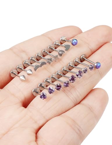 Threadless Noses Rings, Flat Back Earrings, 20/18/16g-Gauge 5/16in-Post 3mm-Top, Hypoallergenic Surgical Steel Medusa Lip Labret Cartilage Helix Tragus Conch Piercing Jewelry for Women Men - color: Purple, size: 20g*8mm