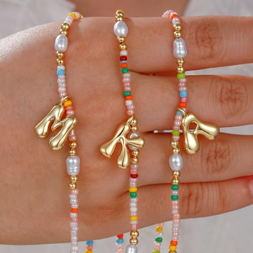 Ritach Initial Necklaces for Women Girls Kids - Light Colorful Beaded Pearl Initial Necklace Gold/Silver Bubble Pendant Letter Necklace for Women Teens Girls Kids Birthday Gifts - color: Gold, style: M