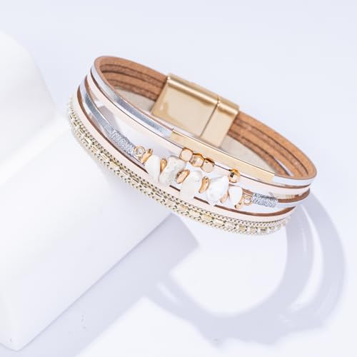 Boho Gemstone Beaded Leather Wrap Bracelets Stackable Chunky Cuff Bracelet Western Jewelry Cowboy Chic Country Concert Outfits for Women - color: White