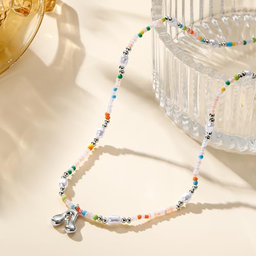 Ritach Initial Necklaces for Women Girls Kids - Light Colorful Beaded Pearl Initial Necklace Gold/Silver Bubble Pendant Letter Necklace for Women Teens Girls Kids Birthday Gifts - color: Silver, style: L