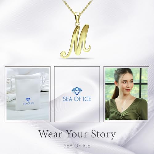 SEA OF ICE Letter Initial Necklace, Alphabet Letter Pendant Necklace, Sterling Silver, Gold, Rose Gold Necklace for Women, Elegant Initial Necklaces, Personalized Custom Women's Necklaces - color: Yellow Gold - M