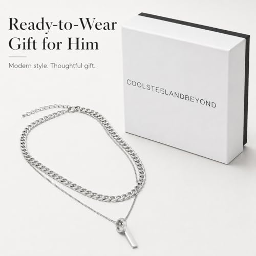 COOLSTEELANDBEYOND Men's Stainless Steel Layered Necklace Set, 3-Piece Stacked Chains, Geometric Hoop and Bar Pendant, Modern Minimalist Jewelry, Gift for Him