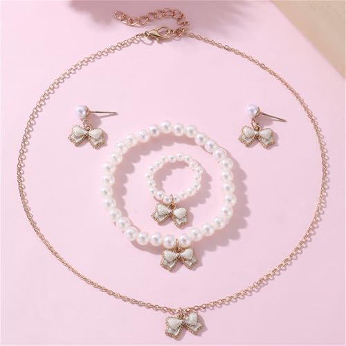 MALOYANVE 4PCS Bow Necklace Earrings Bracelet Ring Set for Women Elegant Bowknot - Adorned Pearl Jewelry Silk Ribbon Necklace Bracelet and Earrings for Christmas - style: White Bow