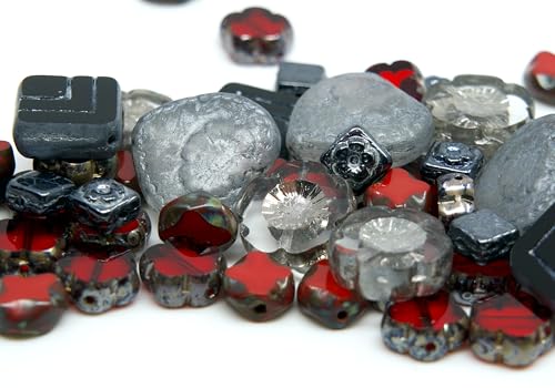 65+ pcs (2.1oz=60g) of Focal Glass Bead Mix with Table-Cut Hawaii Flower and Heart with Rose Beads, PG Gray Red - color: Focal Gray Red