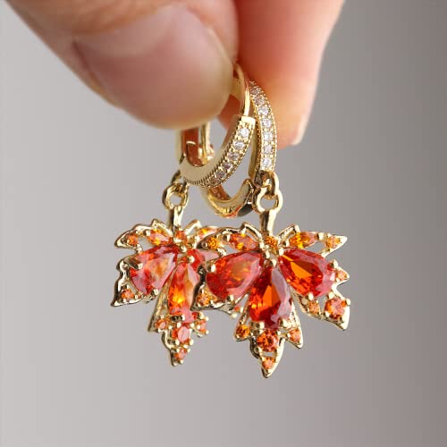 Sonateomber Gold Silver Small Hoop Dangle Earrings for Women, Trendy Dainty Rhinestone CZ Dangling Prom Wedding Leaf Flower Snowflake Butterfly Starfish Fashion Jewelry Gift - color: Orange Leaf