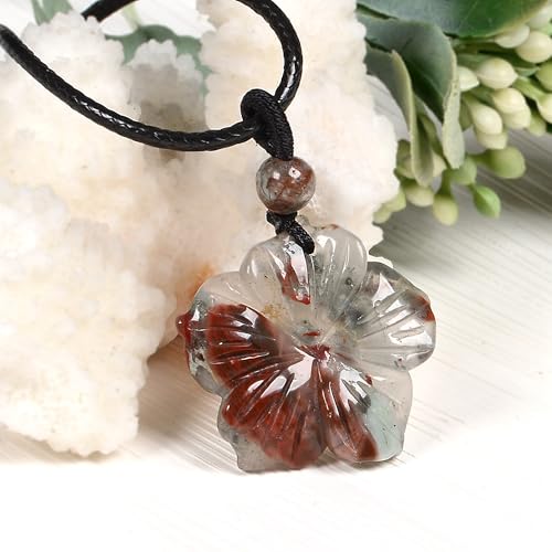 Justinstones Hand Carved Healing Crystals Gemstone Hawaii Flower Pendant Hand Weaving Wax Rope Necklace 22 inch - color: African Bloodstone