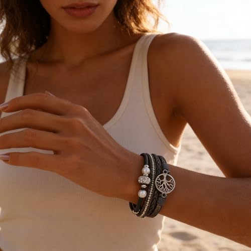 hotoo Leather Wrap Bracelets for Women Tree of Life Cuff Bracelets Pearl Rhinestone Bead Multi-Layer Bracelets Bohemian Jewelry Gift for Women - color: Gray