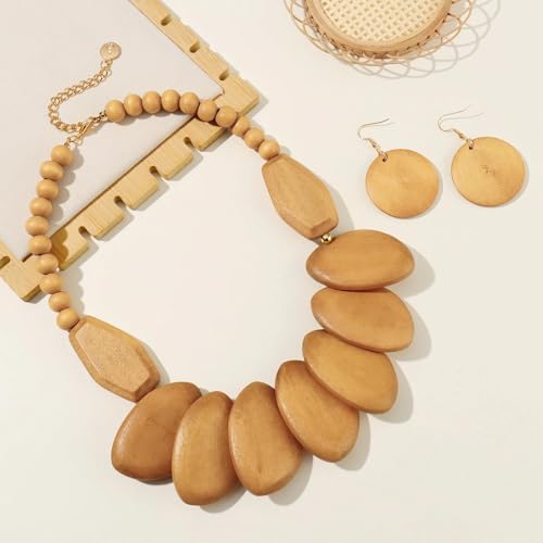 Coiris Chunky Wooden Necklace and Earring Set for Women Boho Statement Jewelry Ethnic Accessories - color: Beige