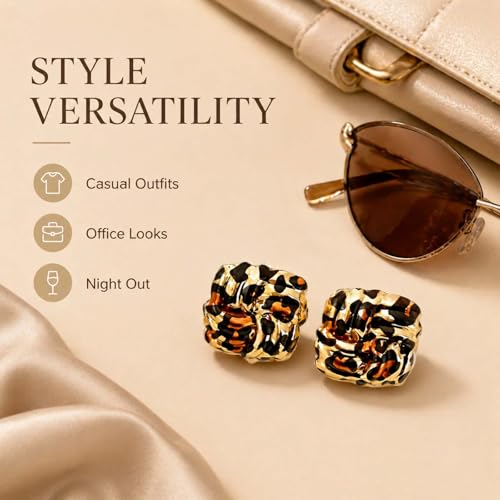 Golden Geometric Leopard Print Earrings for Women,Retro Gold Plated Square and Triangle Studs,Hypoallergenic Statement Jewelry,Fashion Animal Print Accessories Earring for Everyday & Party Wear - color: Square Leopard