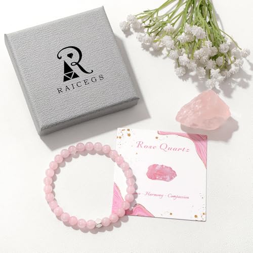 Raicegs 4 6 8MM Beaded Bracelets Healing Crystal Bracelet for Women Men Natural Stone Handmade Stretch Bracelet Reiki Spiritual Jewelry - color: Rose Quartz, size: 6mm