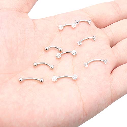 Eyebrow Barbell 16G Surgical Steel Rings with Clear Diamond CZ Curved Barballs Body Piercing Jewelry for Women Men 6mm 8mm 10mm 9 Pieces - color: A: 9Pcs-16G-Silvertone