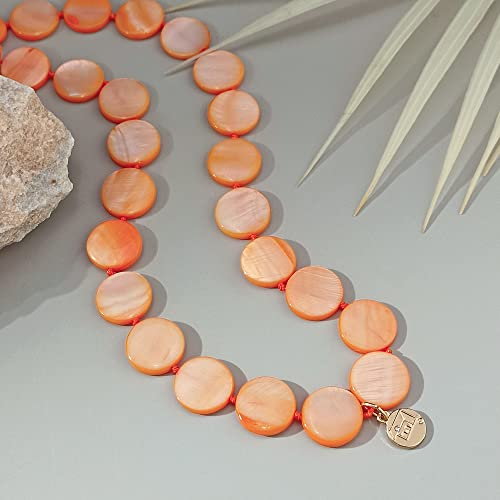 Firstmeet Flat Round Coin Shell Beads Long Knotted Necklace Natural Mother of Pearl Handmade Jewelry For Women - color: Orange
