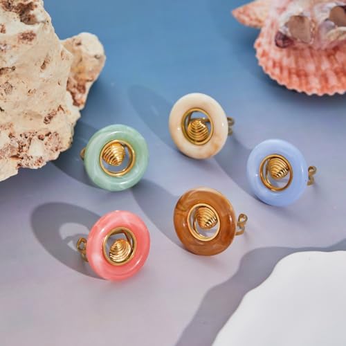 Seashell Starfish Round Circle Open Statement Ring for Women Stainless Steel Sea Star Spiral Conch Scallop Adjustable Rings Boho Resin Geometric Summer Ocean Beach Band Comfort Fit Fashion Jewelry - color: Brown