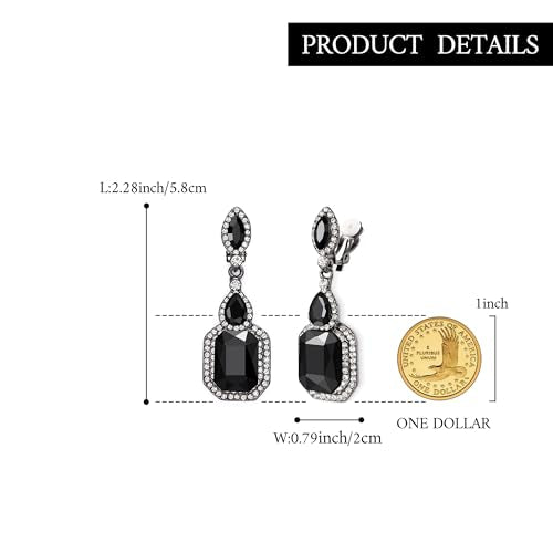 Women's Wedding Bridal Crystal Emerald Cut Infinity Figure 8 Chandelier Clip-On Dangle Earrings - color: Black Black-Tone